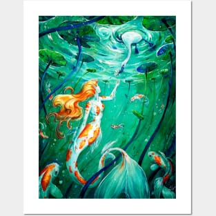 The Gift - Watercolor carp Koy Mermaid in a Pond Painting Posters and Art
